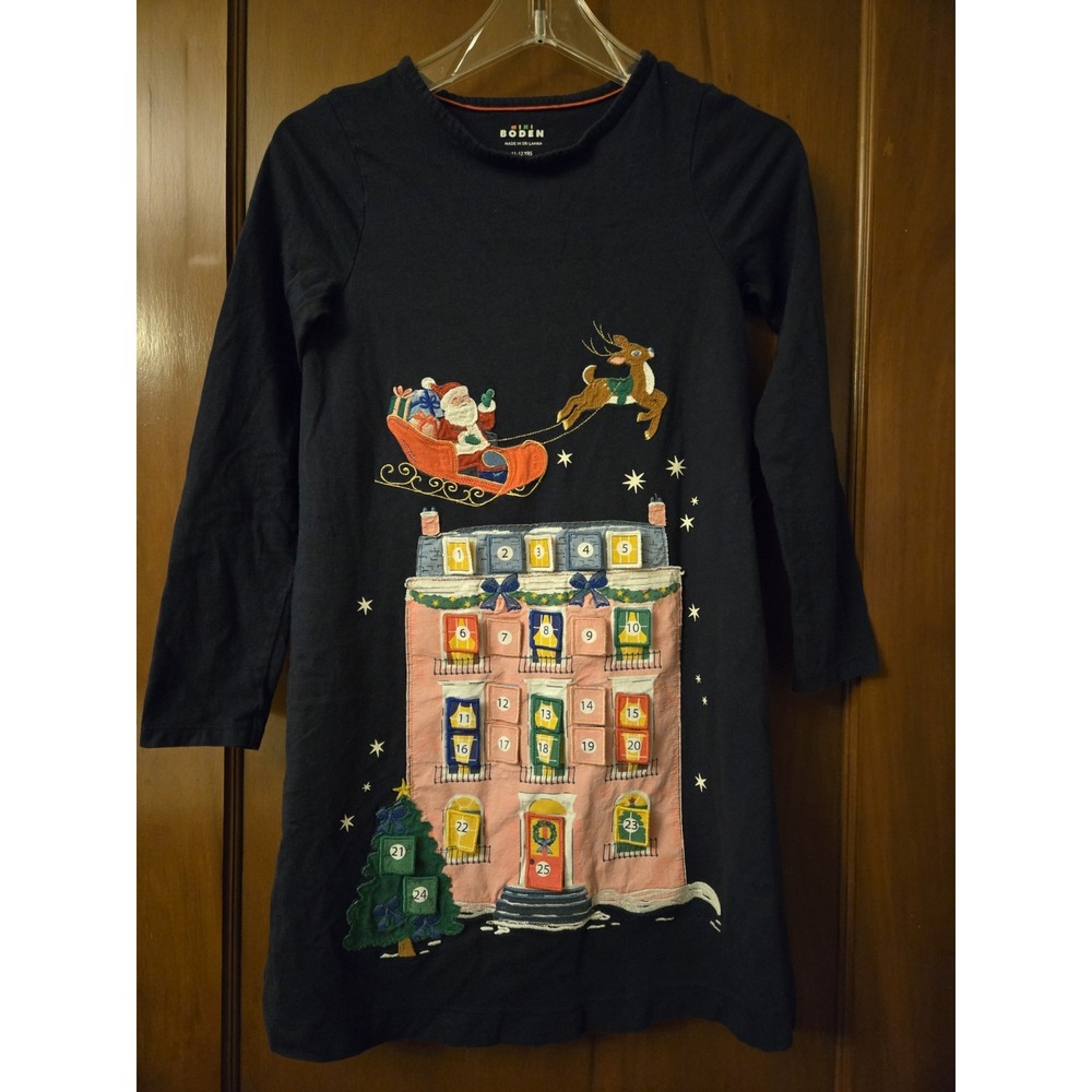 Mini Boden Advent Calendar Appliqué Dress Girls Size 11/12 Navy Blue Christmas
